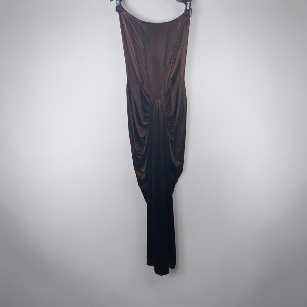 Fashion Nova Warm Horizon Satin Maxi Gown Brown Corset Strapless Dress
